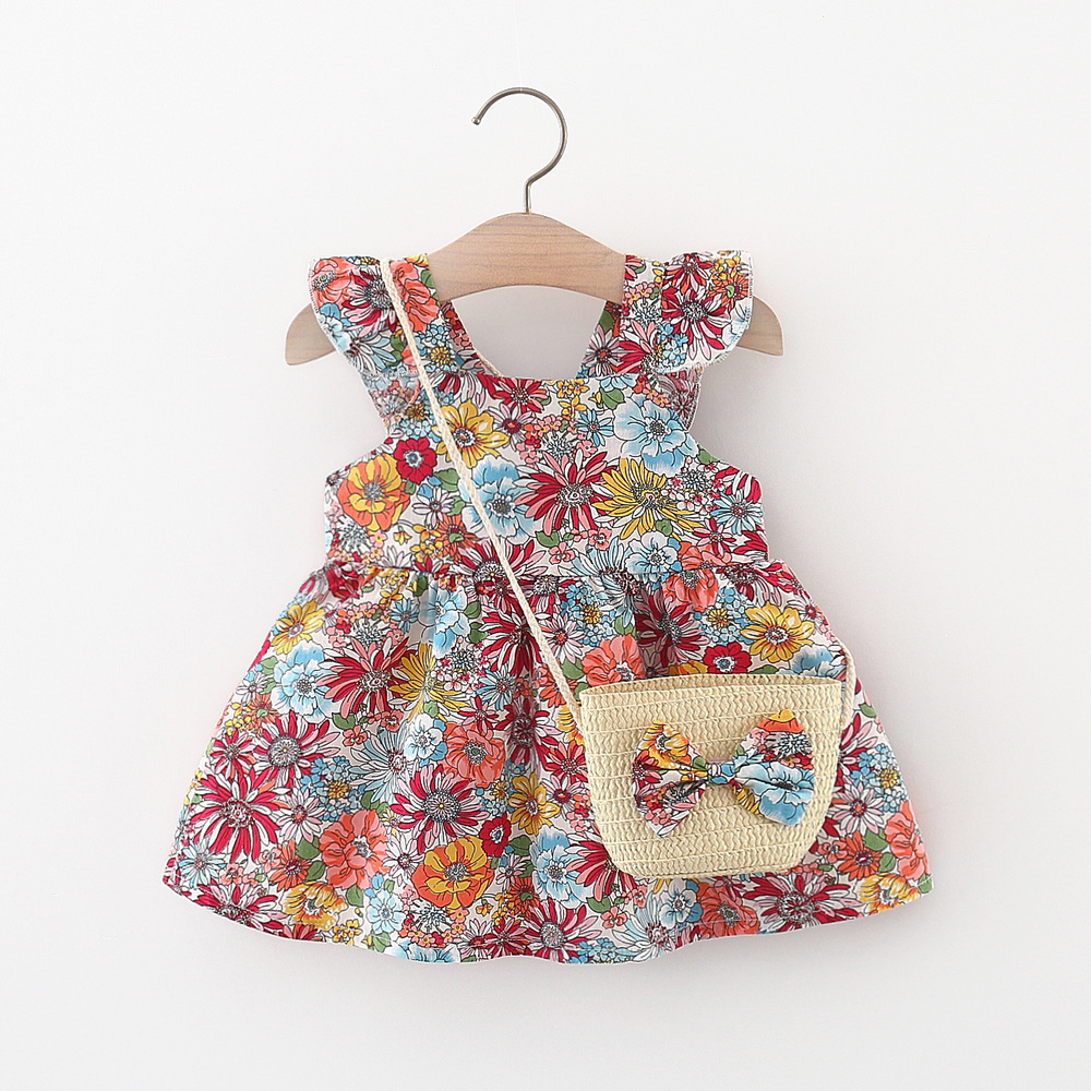 Fashion Girl Clothing Cotton Summer Flower Dress With Bag For Birthday Clothes_voghion.com