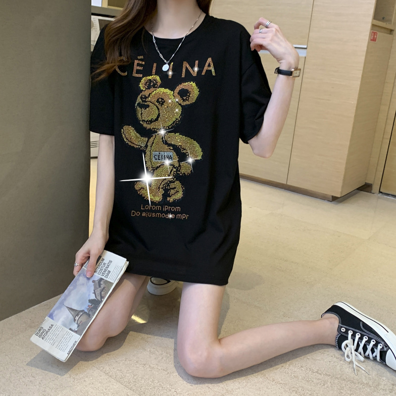 T-shirt estiva a maniche corte nera Bear Hot Diamond da donna in cotone pettinato, versione ampia di media lunghezza_voghion.com