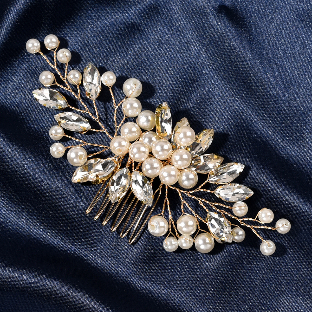 Bridal Wedding Handmade Hair Accessories Pearl Rhinestone Marquise Glass Hair Comb Insert Hair Accessories European and American Cross-Border_voghion.com