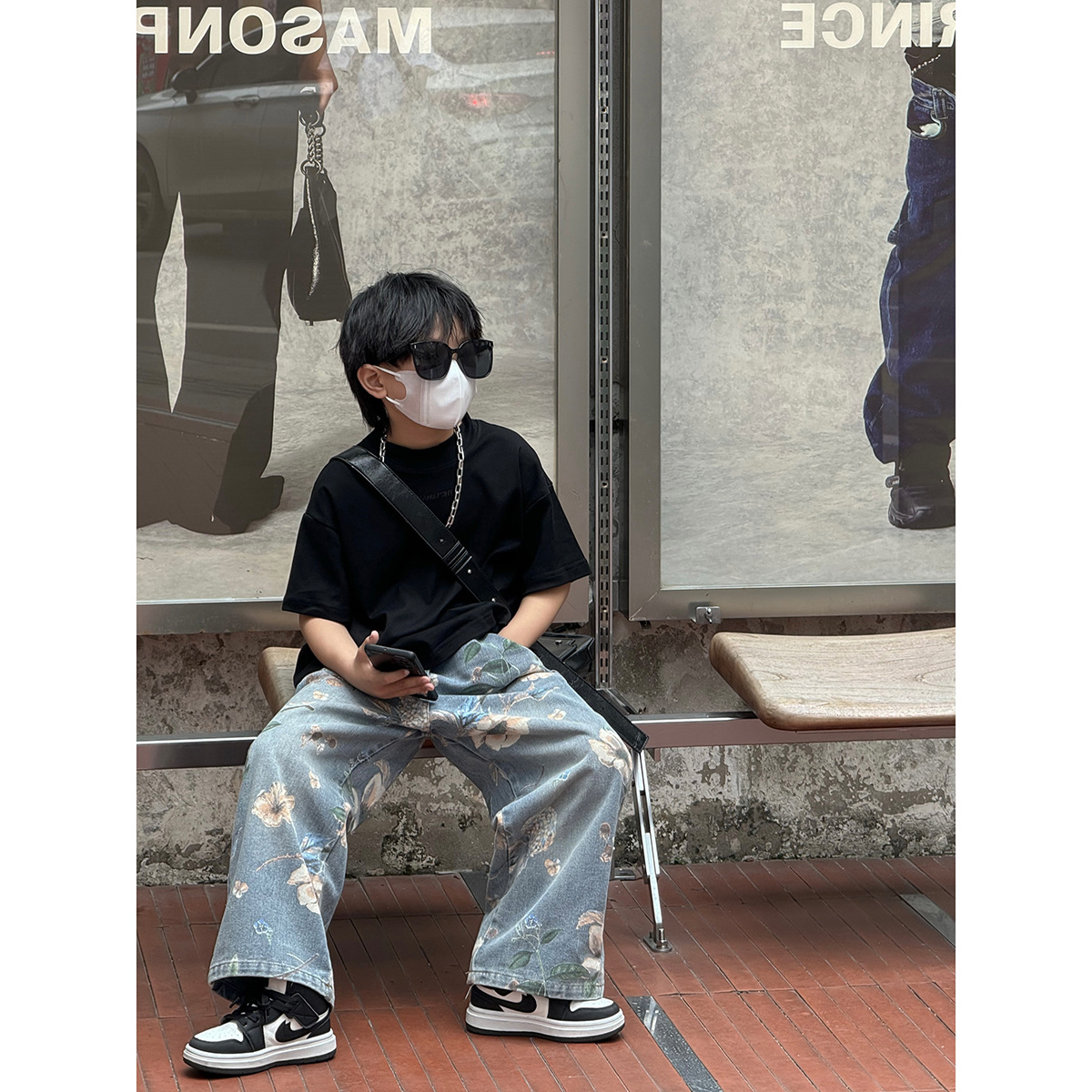 Pantalon garçon mère et enfant, jean de rue imprimé, pantalon droit pour bébé_voghion.com