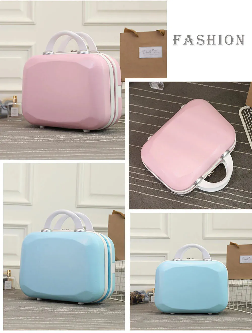 Neceser pequeño de viaje para mujer, de 14 pulgadas, color rosa, azul, morado y caqui. Material compresivo grande, tamaño 30-15,5-23 cm. 240729_voghion.com