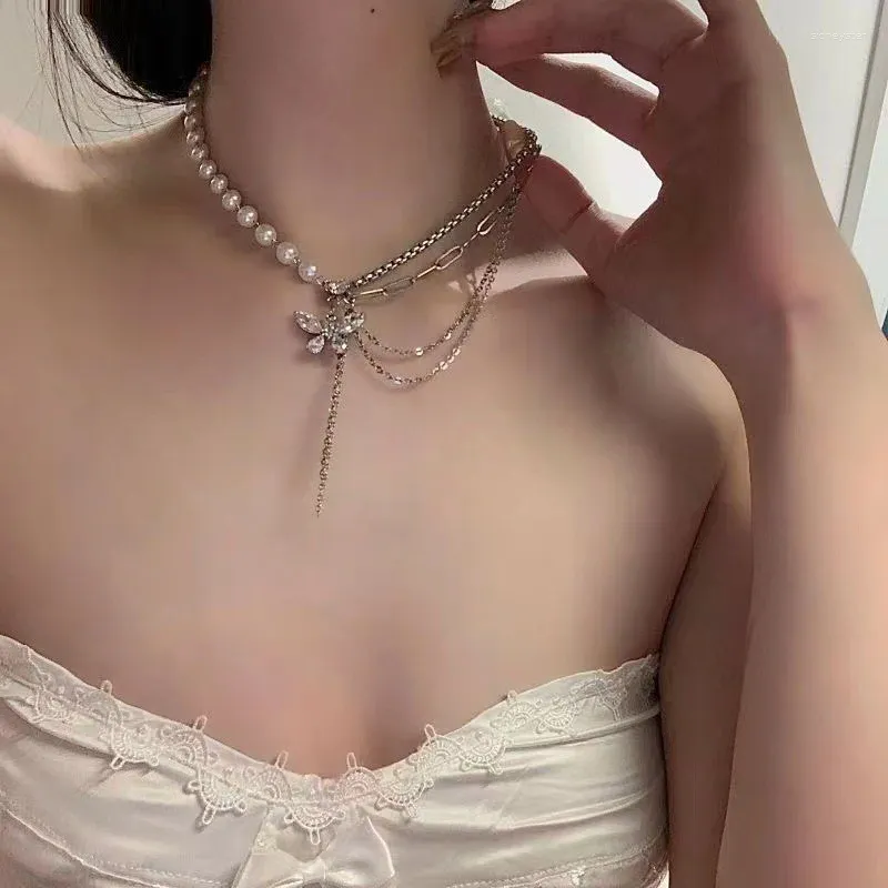 Collane con ciondolo WLP Strass Zircone Farfalla Nappa Perla Splicing Collana Donna Moda Coreana Catena Leggera Collare_voghion.com