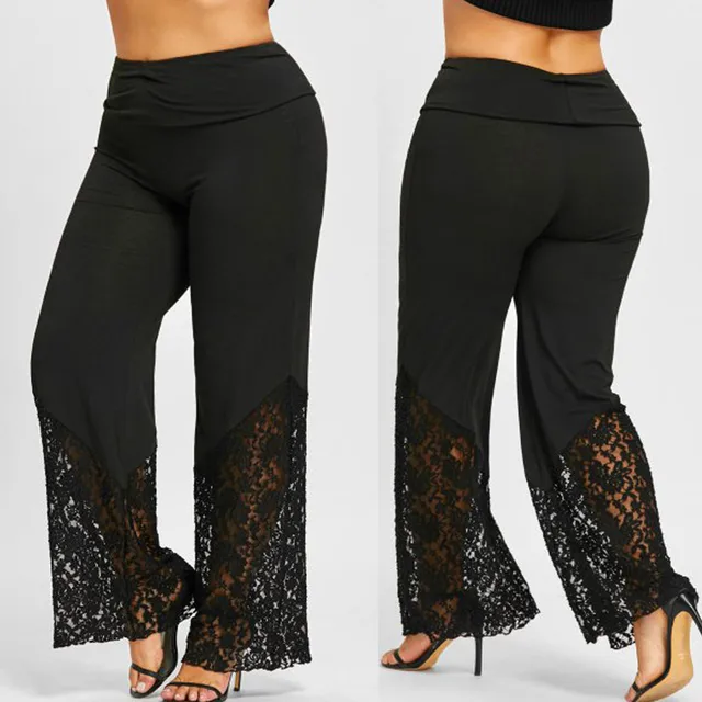 hot selling Plus Size Lace Trousers Women Wide Leg Loose Long Casual Leggings Sports Straight High Waist Sexy Female Pants_voghion.com