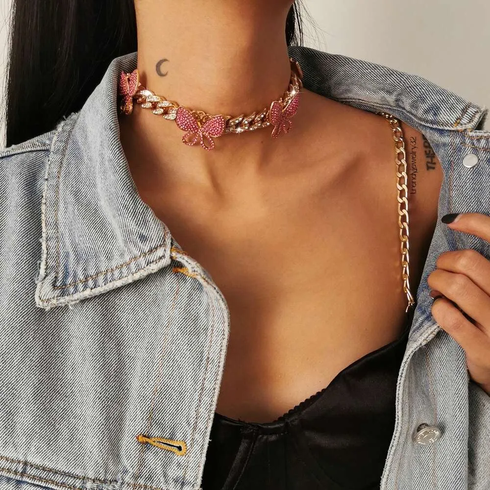 Collana a farfalla punk ghiacciata, 1 pezzo, catena cubana a forma di farfalla, con ciondolo a forma di cuore, stile rapper, bracciale e collane._voghion.com