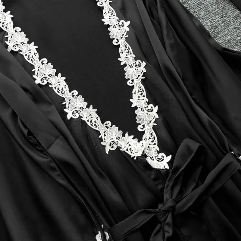 Ensemble de pyjama d'été en soie 5 pièces pour femmes, grande taille, avec bordure en dentelle florale au crochet, vêtements de nuit, couleur unie, nuisette_voghion.com