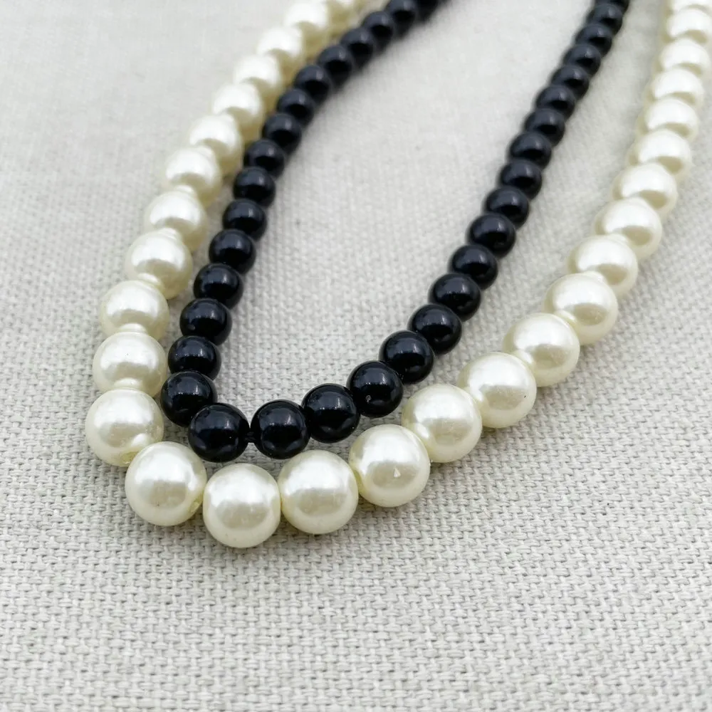 Ketten M158 Modeschmuck Schwarze Perlen Weiße Perle Doppelschichtige Halskette Frauen_voghion.com