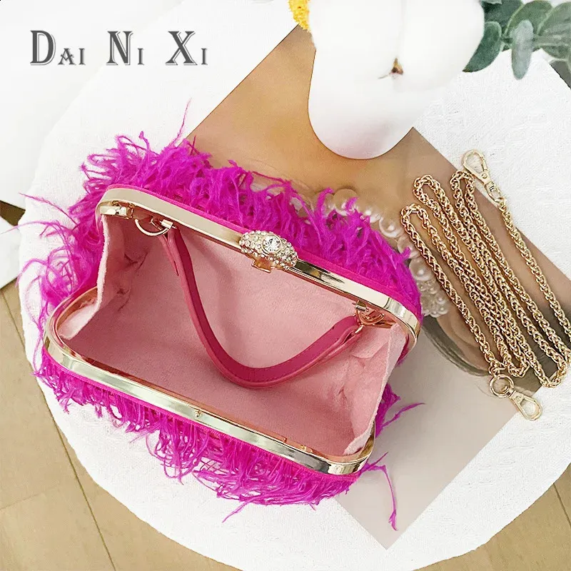 Mode Strauß Fuax Pelz Feder Brieftasche Clutch Tasche Damen Dia Knuckle Ringe Dinner Party Hochzeit Geldbörse Chic 240919_voghion.com