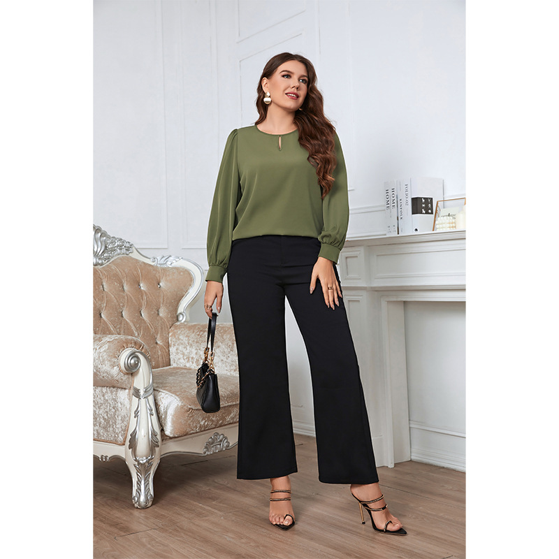 spring round neck long sleeve green large size women's shirt_voghion.com