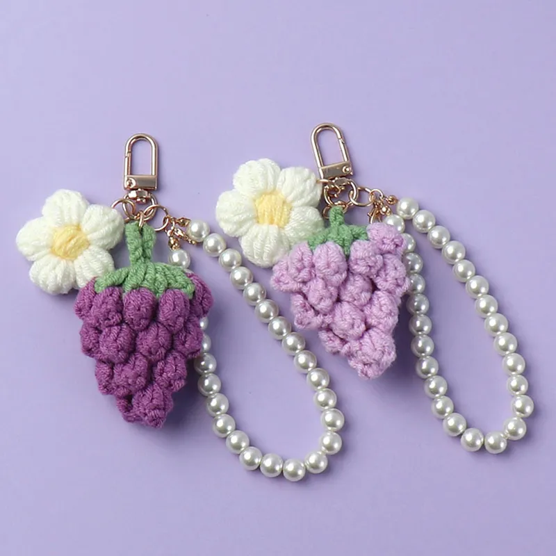 Portachiavi alla moda, nuovo, in lana, a forma di uva, fatto a mano all'uncinetto, con ciondolo rifinito, per borsa da donna._voghion.com
