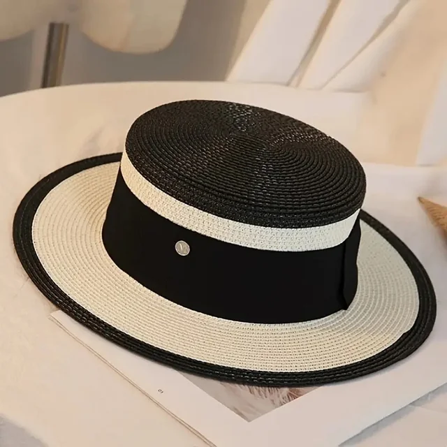 Chapéu de palha estilo britânico clássico da moda, aba plana, leve, para viagem e praia, para mulheres e meninas_voghion.com