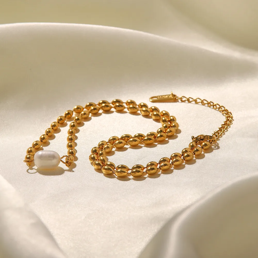 Set collana e bracciale a catena con perle in acciaio donna_voghion.com