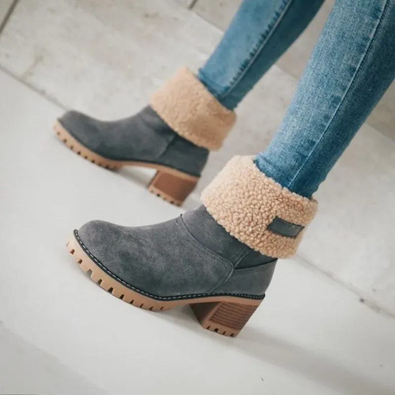 Autumn and Winter Fashion New Casual Comfortable Plus Veet Warm Square Heel Round Toe Solid Color Women's Ankle_voghion.com