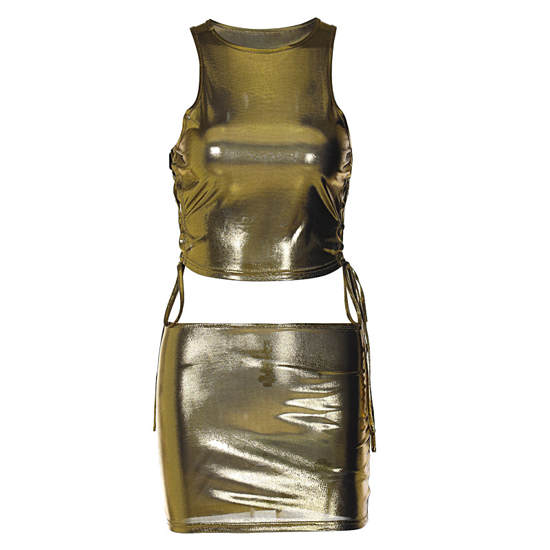 Set mezza gonna da donna 2024 Primavera Nuova linea Canotta piccola con scollo tondo con lacci laterali vuoti Vestibilità slim_voghion.com