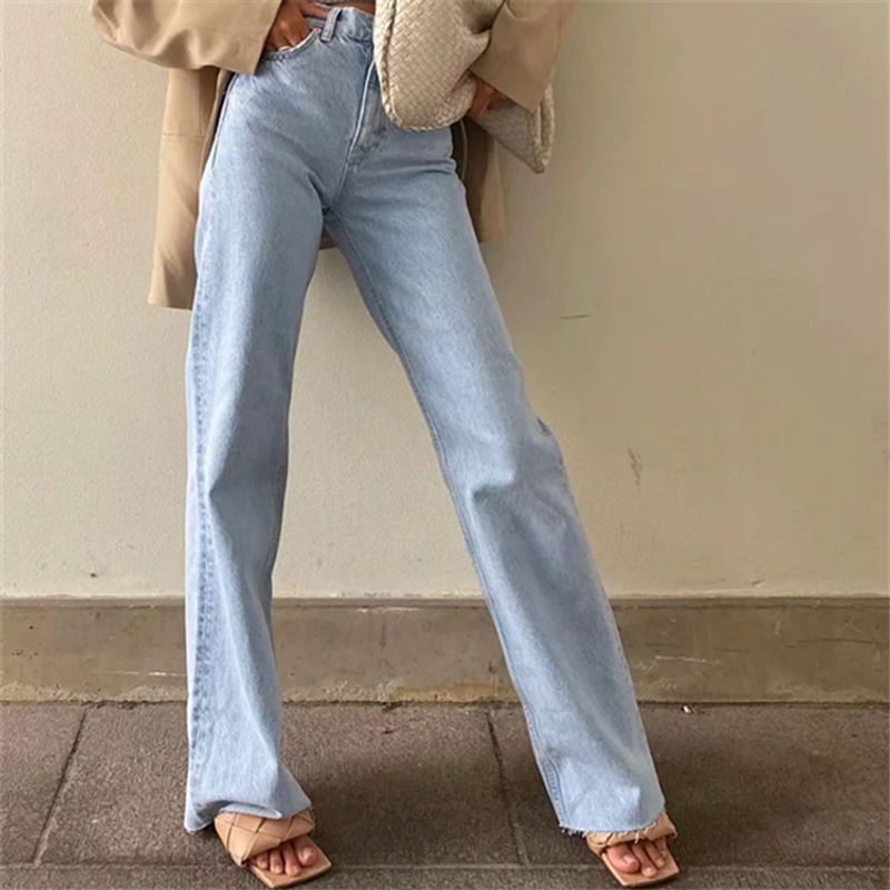 Women's Clothing Or Length Raw Edge Denim Trousers High Waisted Loose Slim Straight Wide Leg Jeans