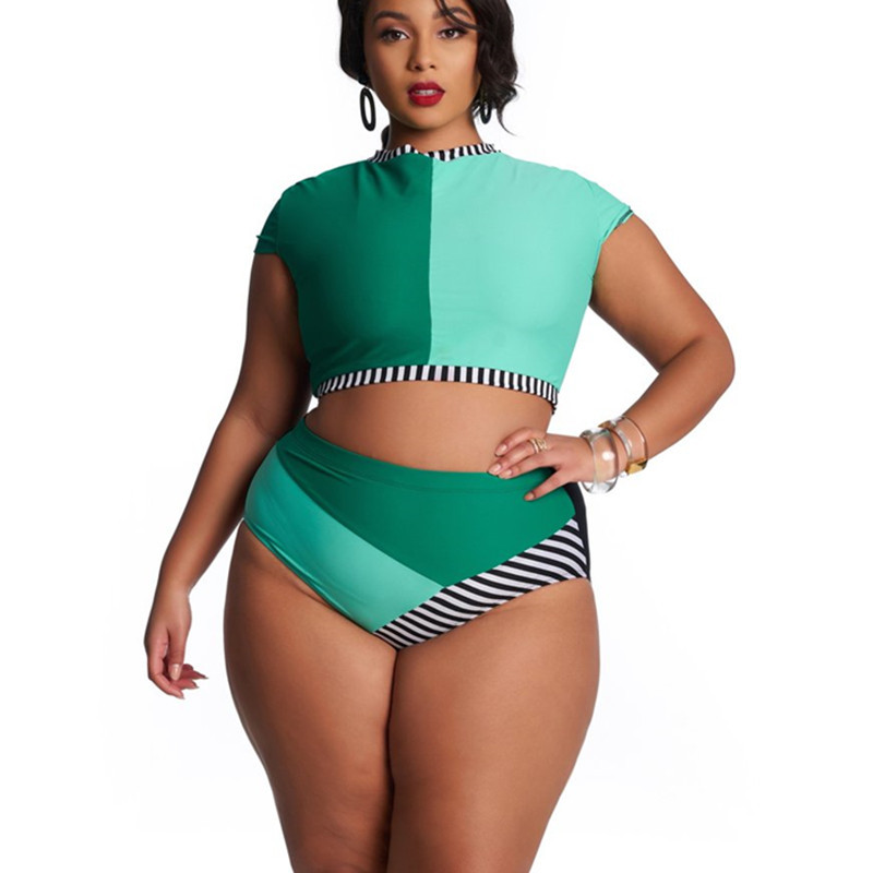 Women's Plus Size High Waist Bikini Swimsuit - Color Blocking, Tummy Control, Full Coverage, Comfortable & Stylish For Beach & Pool_voghion.com
