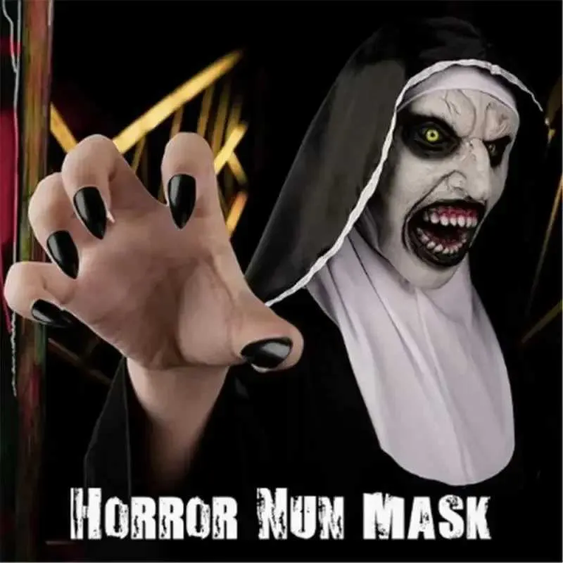 Läskig latexmask med korshalsband och huvudbonad Halloweenfest maskerad nunnadräkttillbehör Y240829_voghion.com