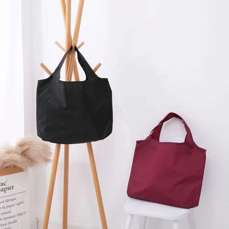 BIG Eco-Friendly Folding Shopping Bag Reusable Portable Shoulder Handbag for Travel Grocery simple solid color grocery_voghion.com