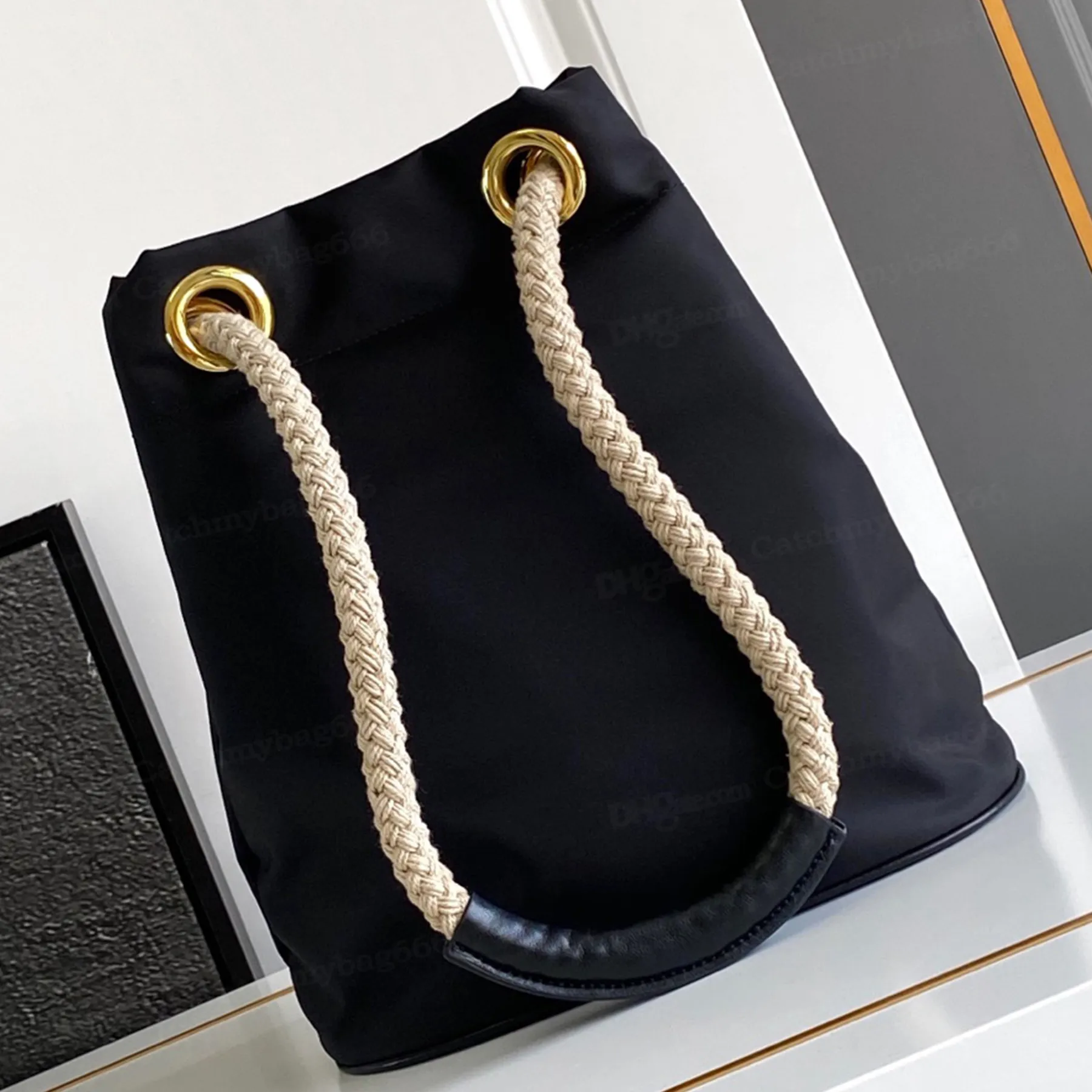 New 10A Mariner Nylon Small Bucket Designer Golden Hardware Zipper Pocket Shoulder Bag Sliding Cord Closure Handbag_voghion.com