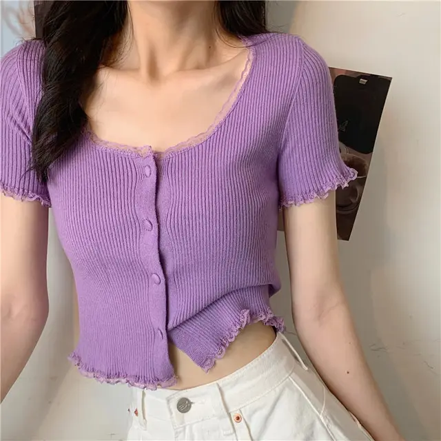 hot selling Short Sleeve T-shirts Women Slim Solid Lace O-neck Single Breasted Trendy Chic Sweet Lovely Ulzzang Simple Streetwear_voghion.com
