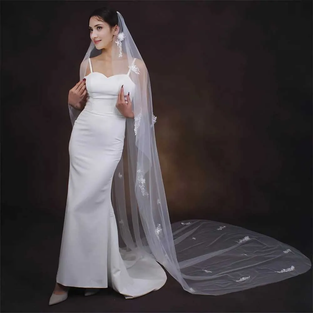 Gioielli per capelli, elegante velo da sposa con perline in pizzo, fiore 3D, lungo, cattedrale, morbido, illusione, con pettine, accessori per la sposa._voghion.com