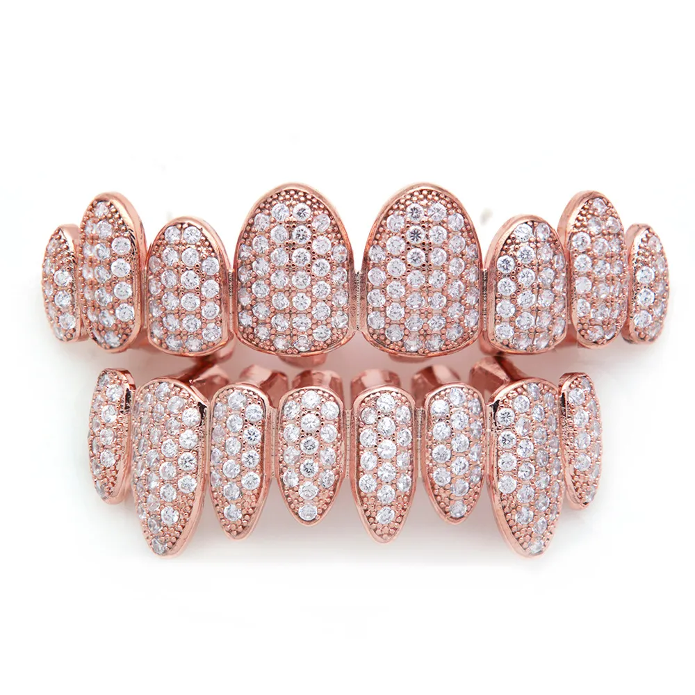 Rose Weißgold Vampir Grillz Iced Out Fang Grills Voller bunter Durchmesser Cosplay Zahnkappe Zahnspange_voghion.com