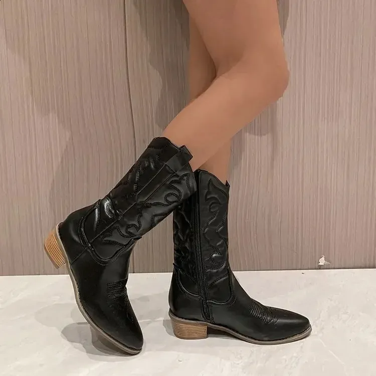 Bottes mi-mollet dorées avec fermeture éclair latérale et coin argenté Bottes noires en denim western rétro à la mode Grande taille 3-43 pour femmes_voghion.com