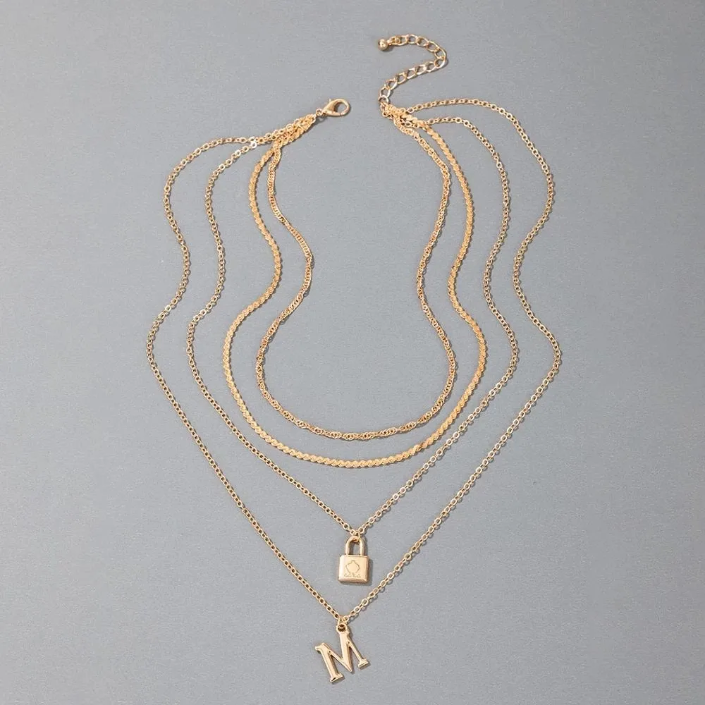 Catene Trendy Lettera Lucchetto Pendente Collana Per Le Donne Charms Multistrato Oro Colore Lega Geometria Regolabile Gioielli_voghion.com