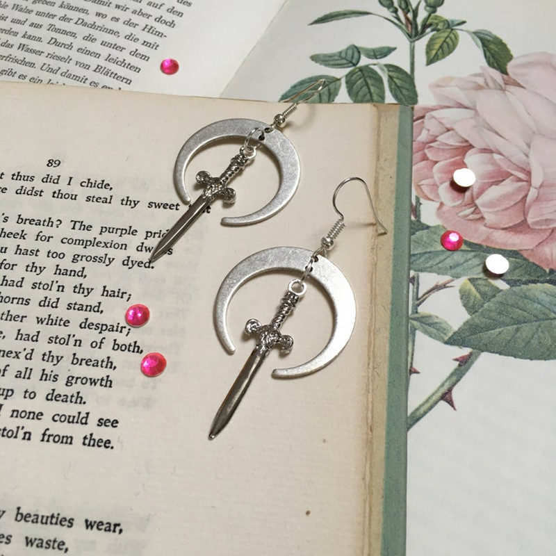 Earrings New Gothic Hecate Moon Sword Earrings_voghion.com
