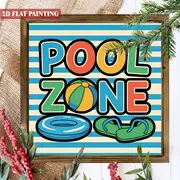 Indicator rustic din lemn „Zonă piscină” - Decor estival vibrant de 20x20 cm cu plutitoare și șlapi. Perfect pentru verandă, grădină sau ca și cadou de sezon._voghion.com