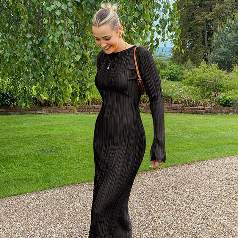 Women's Fashion Clothing Casual Solid Round Neck Long Sleeve Slim Fit Dress