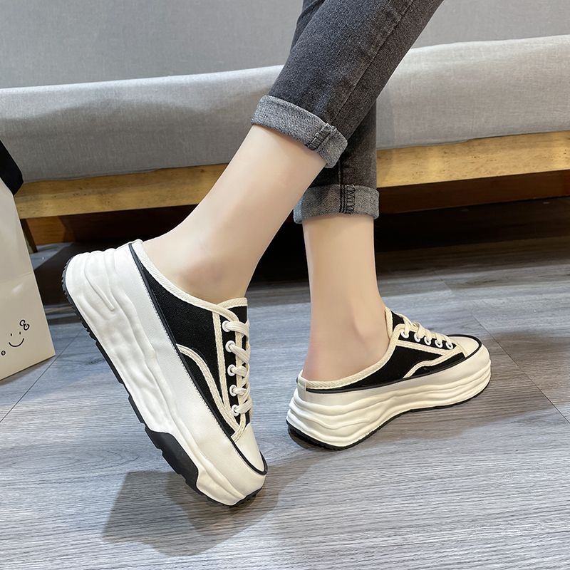 Pantofole casual in tela con lacci e stile Baotou, metà nuovo, primavera-autunno, moda donna 2023_voghion.com