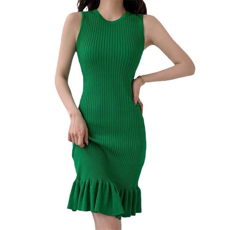 Modisches Meerjungfrau-Rüschen-Strickkleid für Damen, schmale Passform, ärmellos, elegant, mittellang, zierlich, figurbetontes Tank-Kleid_voghion.com