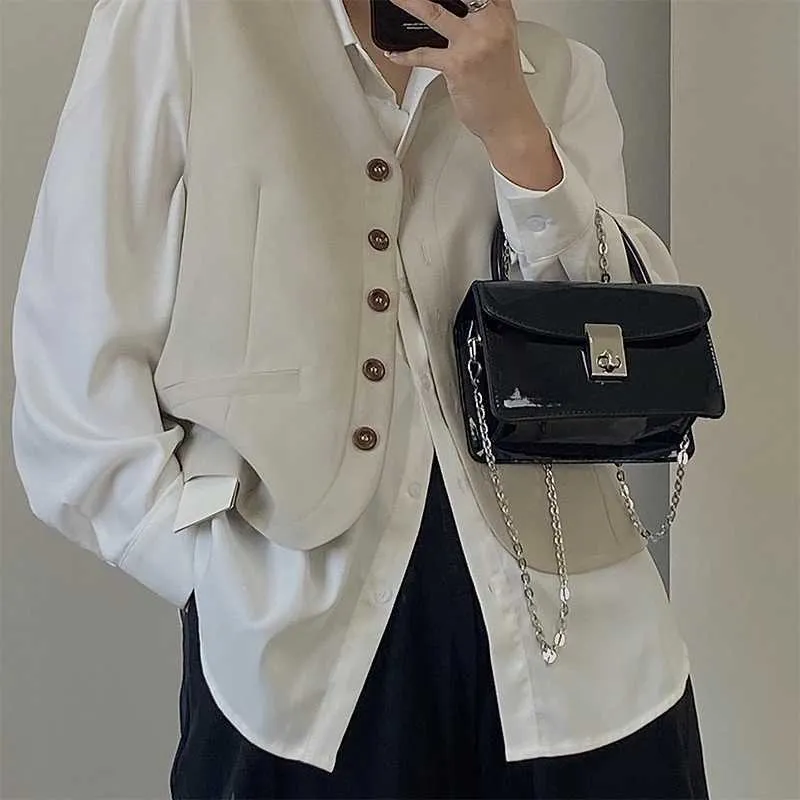 Sac à bandoulière carré pour femme avec petit verrou tendance en cuir verni pour femme_voghion.com