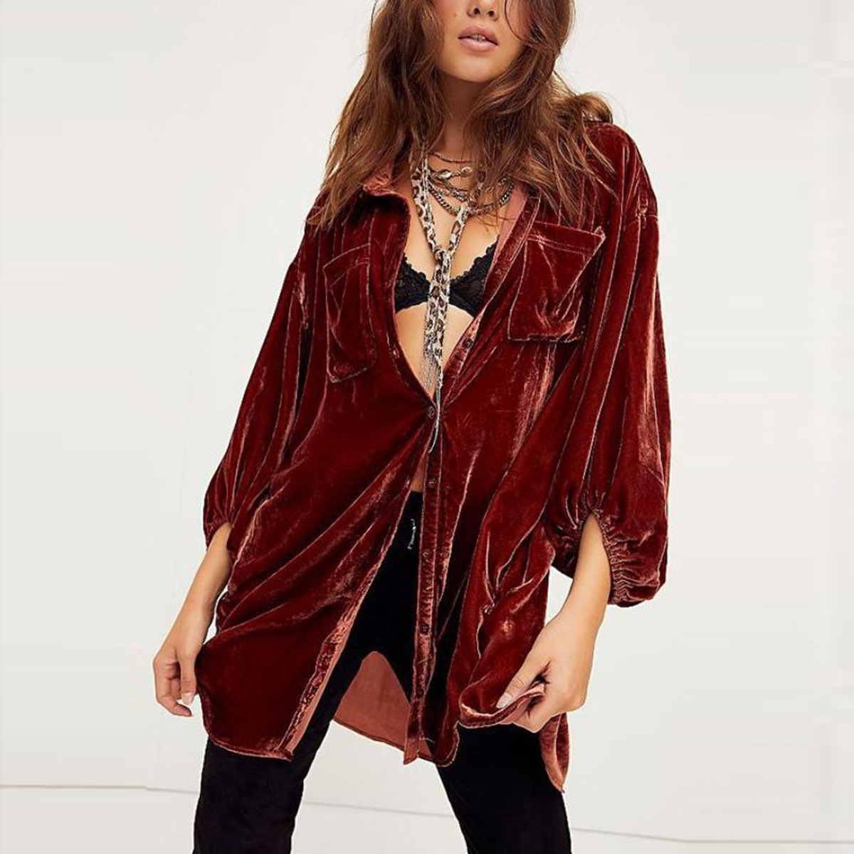 Women’S Autumn And Winter Gold Velvet Dress New Loose Lantern Sleeve Long Shirt Top