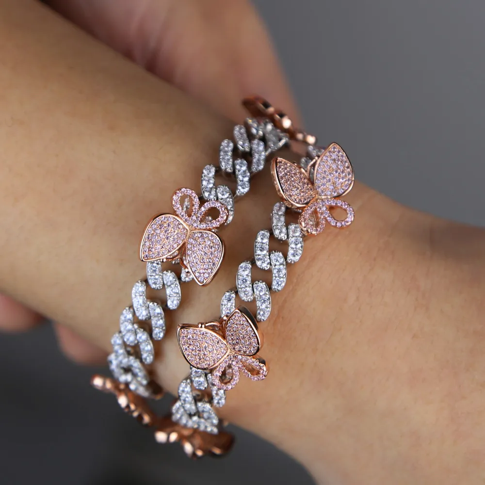 gül gümüş rengi cz küba bacak zinciri moda kadın bling buzlu bağlantı pembe kelebek bilezik takı_voghion.com