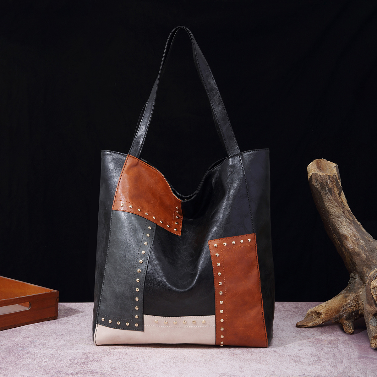 Borsa da donna, stile retrò, con rivetti, cuciture a contrasto, grande capacità, borsa a tracolla da donna_voghion.com