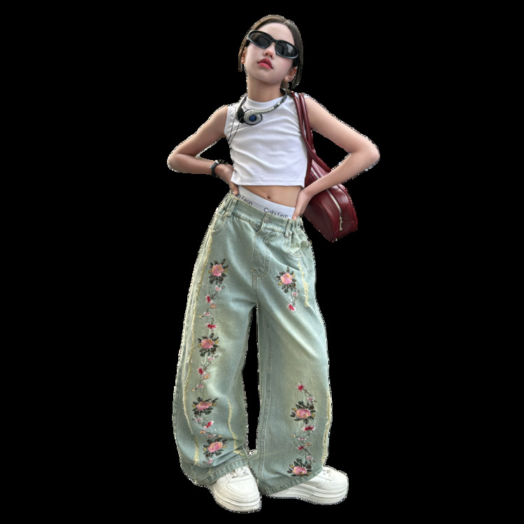 Blugi brodați pentru mame și copii, fete, pantaloni largi casual pentru copii mari, pantaloni drepți pentru fete_voghion.com