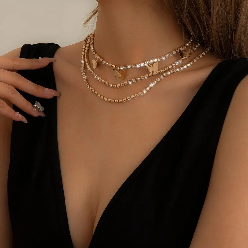 Colliers pendentifs 2023 Punk Tennis Chains Collier papillon pour femmes Mode coréenne Multi couche chaîne ras du cou Bijoux_voghion.com
