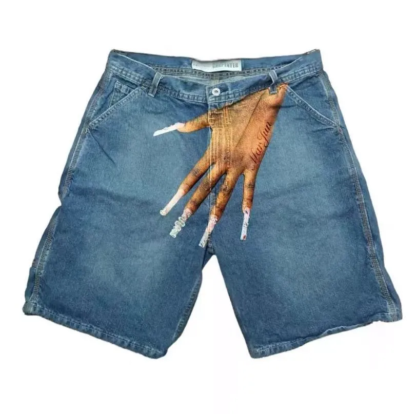 Bărbați Y2K blugi Streetwear hip hop dreaptă lejeră pantaloni scurți denim imprimați la modă model High Street casual cargo boy_voghion.com