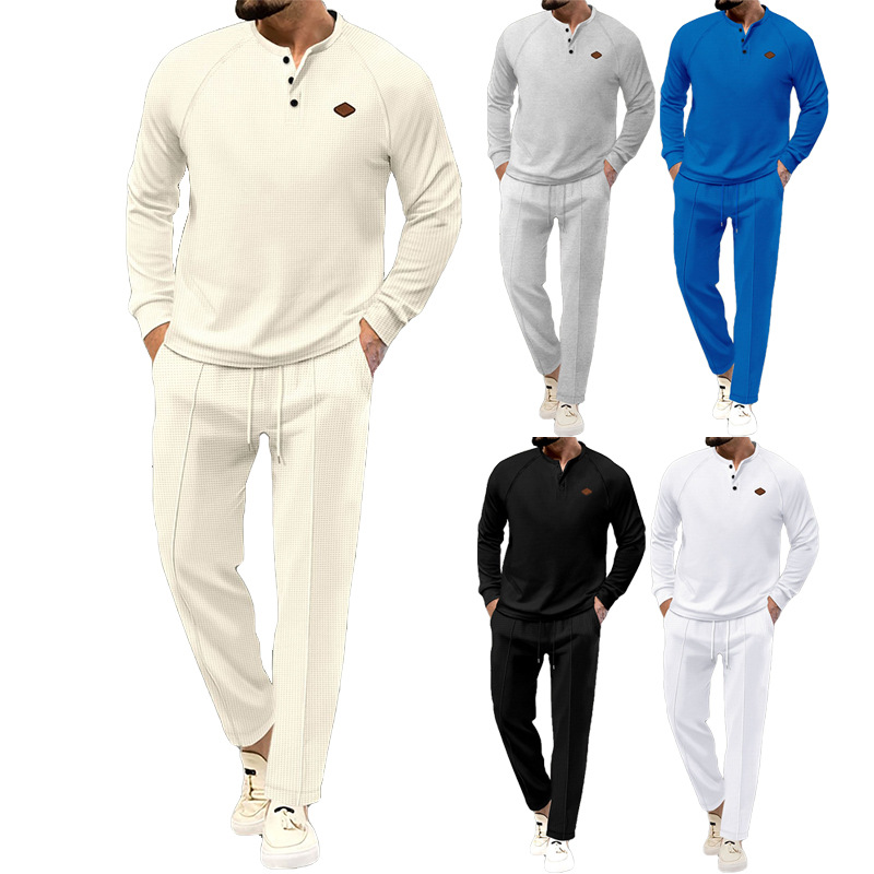 2024 Spring and Autumn New Men's Solid Color Waffler Henley Long sleeved Pants Set_voghion.com