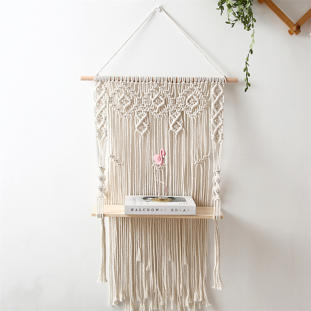 Tapiserie de perete suspendată din macrame boemă, țesută manual, cu ciucuri, raft plutitor din lemn, artă de perete pentru plante, ghiveci de flori, decor boho_voghion.com