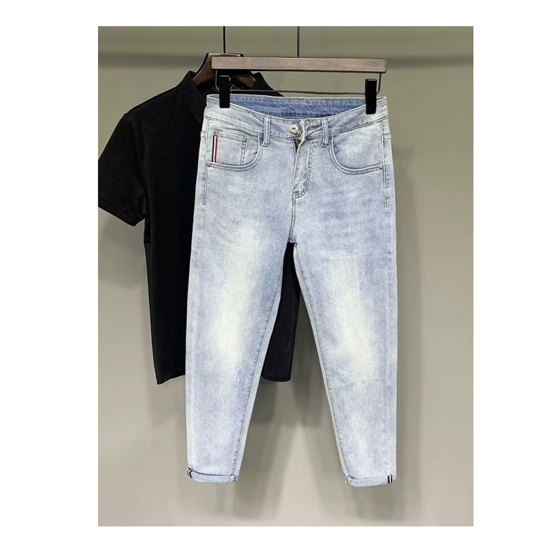 Men’s Fashion Denim Trousers Personality Small Straight Leg