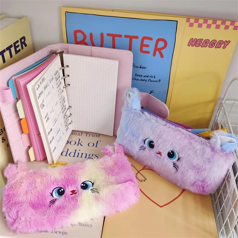 Trousse à crayons grande capacité en peluche avec motif de chat dégradé de couleurs, jolie trousse de rangement pour fournitures de papeterie et pièces de monnaie_voghion.com
