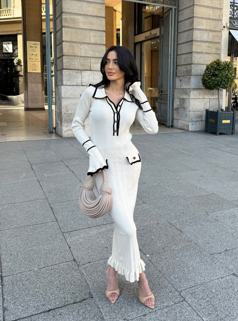 Women's Clothing Ruffled knitted dress long sleeve lapel button earrings_voghion.com