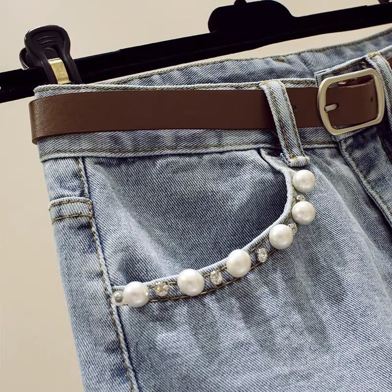 Ensemble deux pièces haut à manches courtes et jupe en jean fendue pour femme_voghion.com