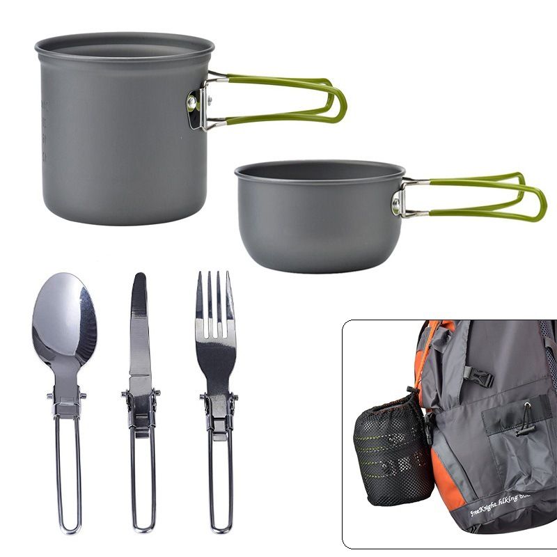 Attrezzatura esterna: set di pentole da esterno per 1-2 persone. Pentole da campeggio portatili con stoviglie DS-101_voghion.com