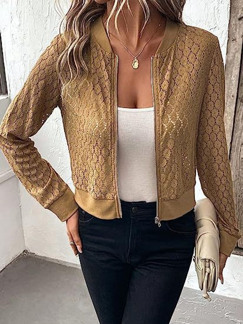 Women's clothing transparent lace long-sleeved zipper front baseball collar pilot jacket cross-border outerwear_voghion.com