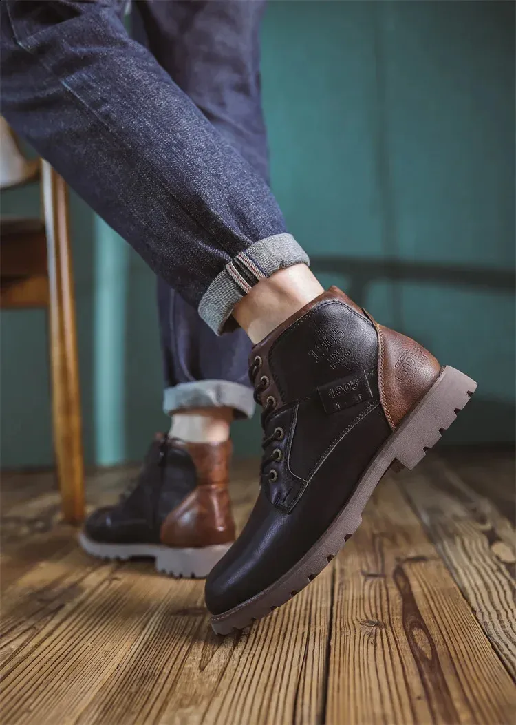 Bottines de travail en cuir marron pour homme, faites à la main, pour l'automne et l'hiver, style vintage, en tendon de bœuf, 240830_voghion.com