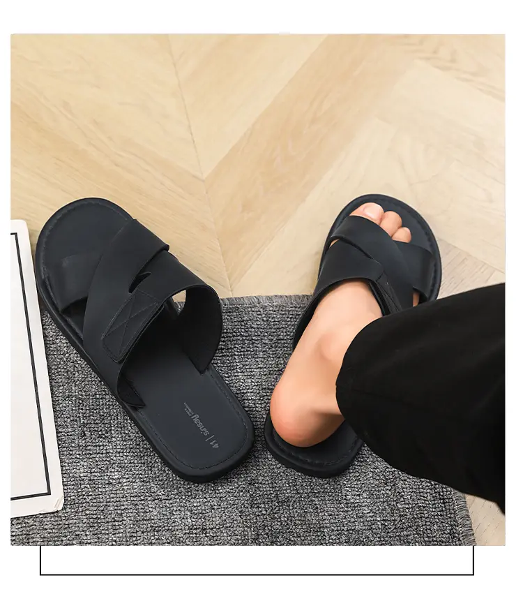 Men's Leather Texture Slippers Fashionable Versatile Home Shoes_voghion.com