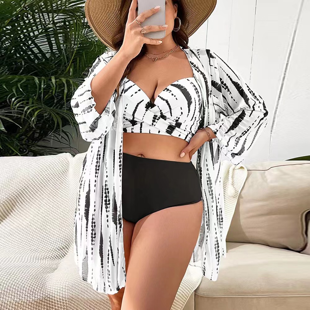 Maillot de bain trois pièces en maille grande taille pour femmes, imprimé crème solaire, Bikini fendu_voghion.com